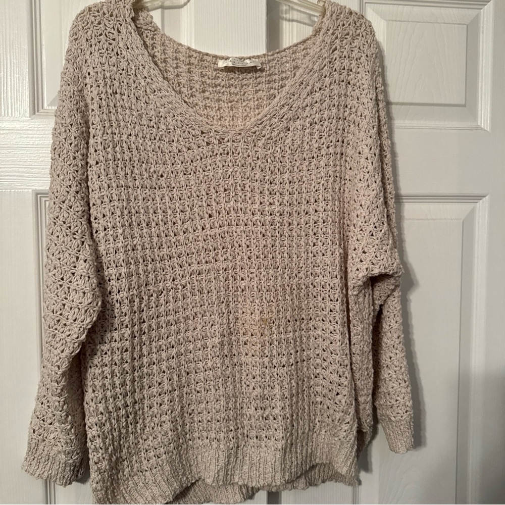 American Threads Light Taupe Open-Knit V-Neck Sweater